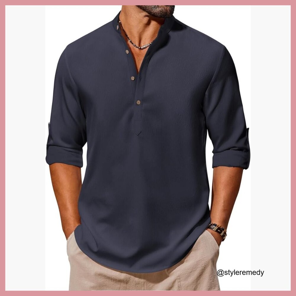Polyester Spandex Henley Long Sleeve Shirt Casual Button Down